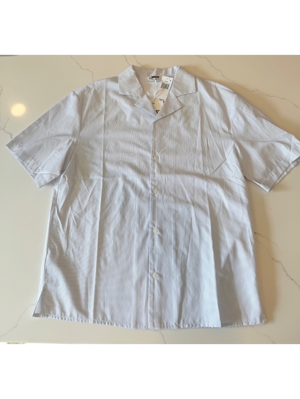 NEW $160 Krost Button Up White Blue Striped Short Sleeve Spread Collar Sz Large
